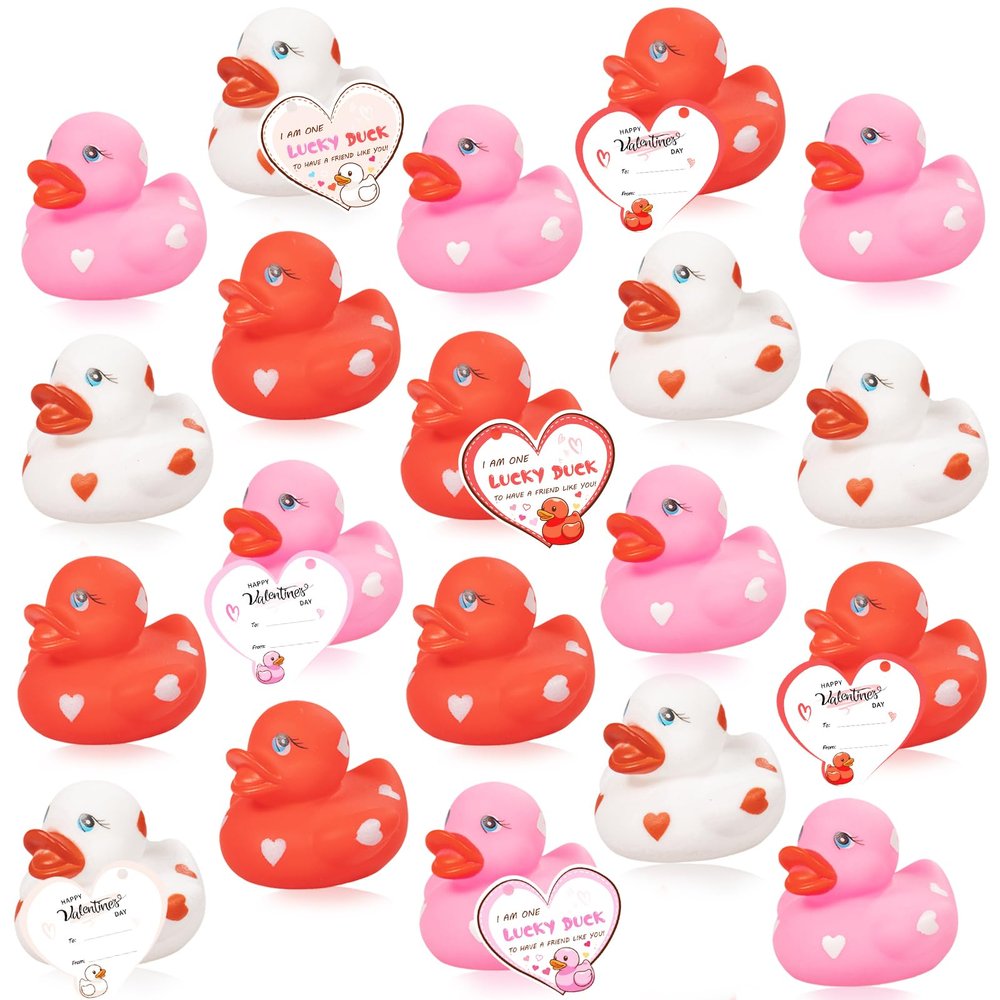 20pcs Rubber Ducks with Cards Gift Valentines Day Party Favors Small 2.36 Assorted Pink Red White Squeaky Duckies in Bulk with Love Heart Cards Treats Giveaways for Kids Cupcake Topper