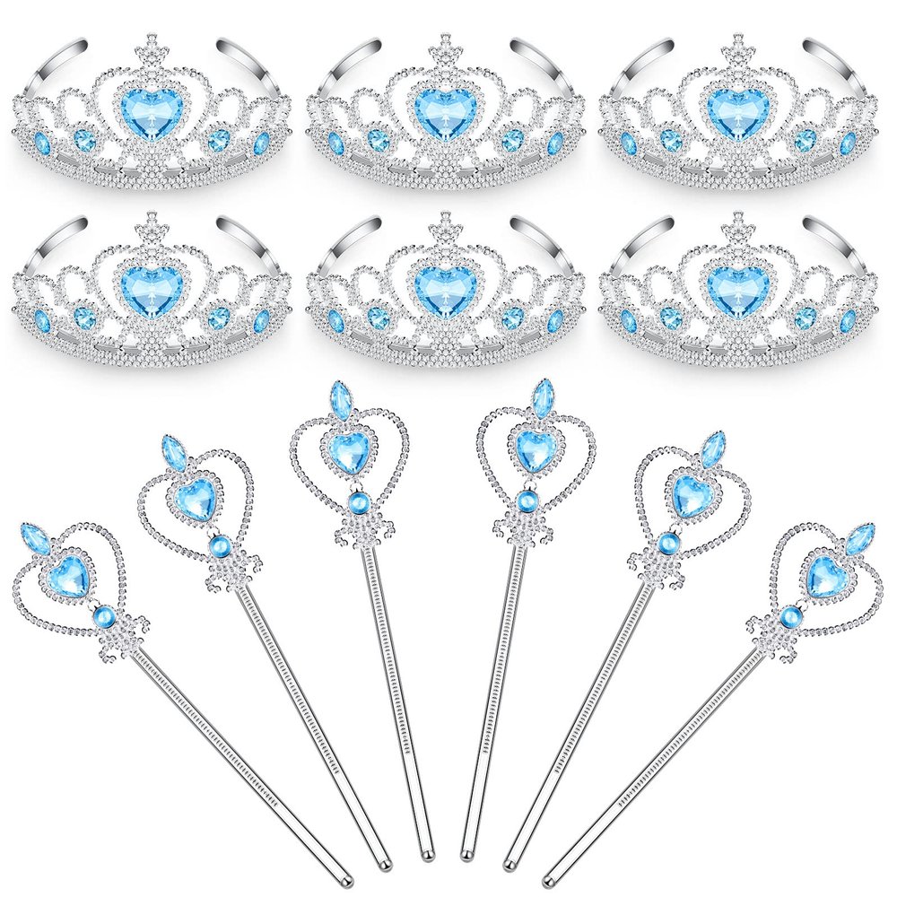 Chalyna 12 Pcs Princess Crowns Tiara Wand for Little Girl Silver Heart Jewel Plastic Tiara Winter Gift for Birthday(Blue,Heart Style)