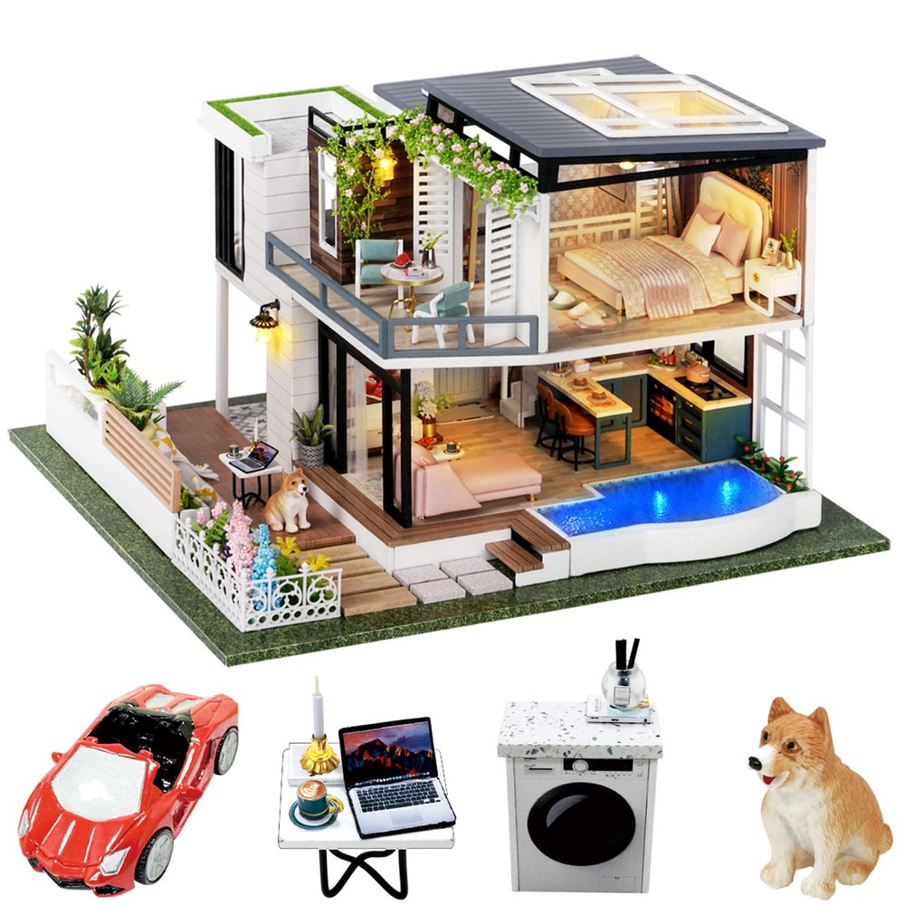 Spilay Dollhouse Miniature with Furniture,DIY Wooden Crafts Doll House Mini Handmade Kit,1:24 Scale Creative Room Idea Gift for Adult Friend Lover (West Creek House with Dust Cover Music Box Car)