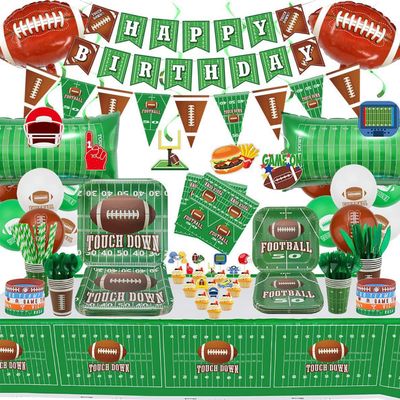 Football Party Supplies - Including Banner, Football Silicone Bracelet, Hanging Swirl, Plates, Cups, Napkins, Tableware, Tablecloth, Balloons for Game Day, Football Party Decorations, Serve 20