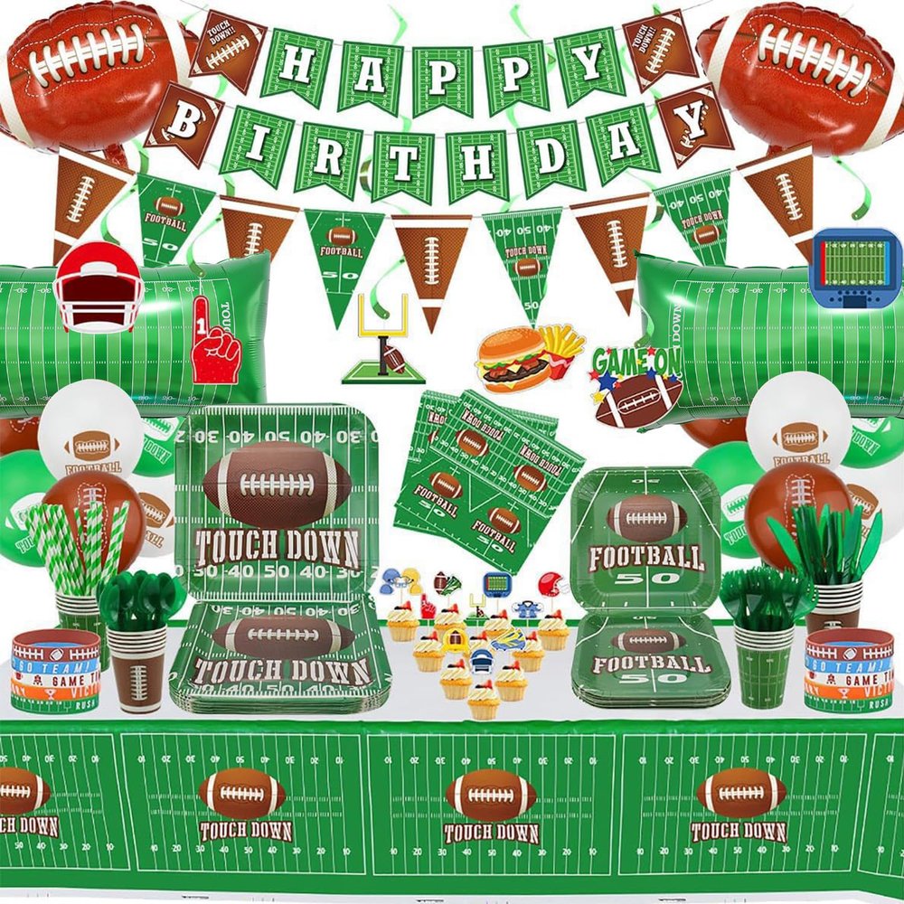 Football Party Supplies - Including Banner, Football Silicone Bracelet, Hanging Swirl, Plates, Cups, Napkins, Tableware, Tablecloth, Balloons for Game Day, Football Party Decorations, Serve 20
