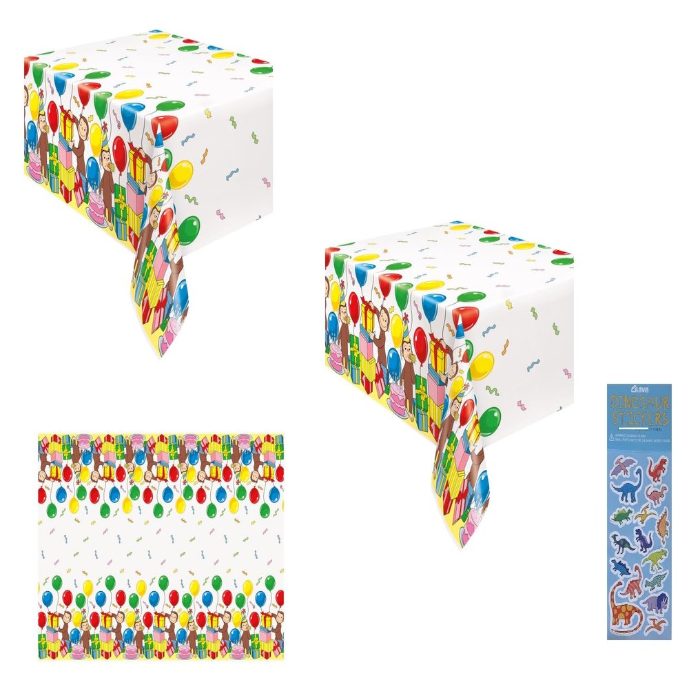 Curious George Party Supplies Bundle Pack Includes 2 Plastic Table Covers and 1 Dinosaur Sticker Sheet