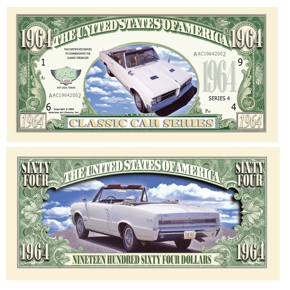Pack of 50 Bills - 1964 Pontiac GTO Novelty Dollar Bill - Fun Collectible for Classic Car Owners - Great As Ar Keepsake at Car Shows Or Swap Meets
