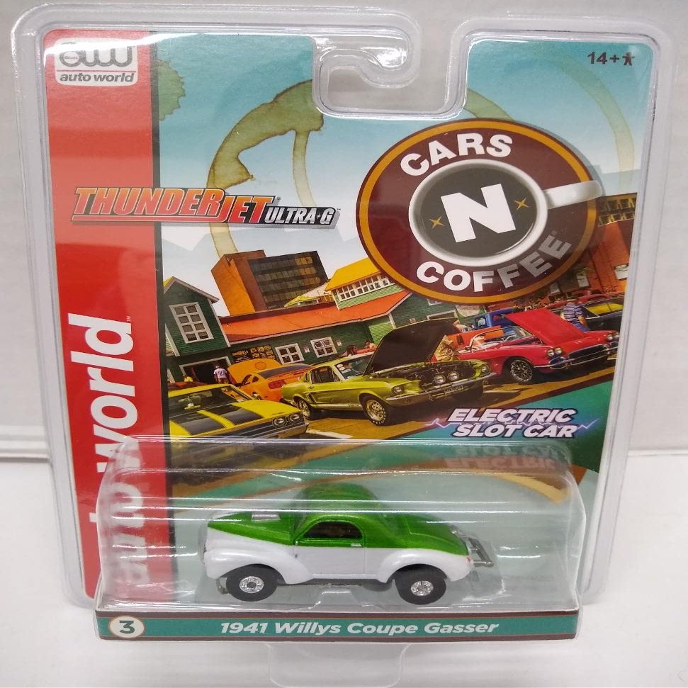 Auto World SC360-3 Cars N Coffee 1941 Willys Coupe Gasser HO Scale Electric Slot Car - Green and White