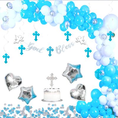 Elkanah Baptism, Christening, Communion Decorations: White & Silver God Bless Banner, Cross Cake Topper, Balloons, Angels, Arch Strip & More