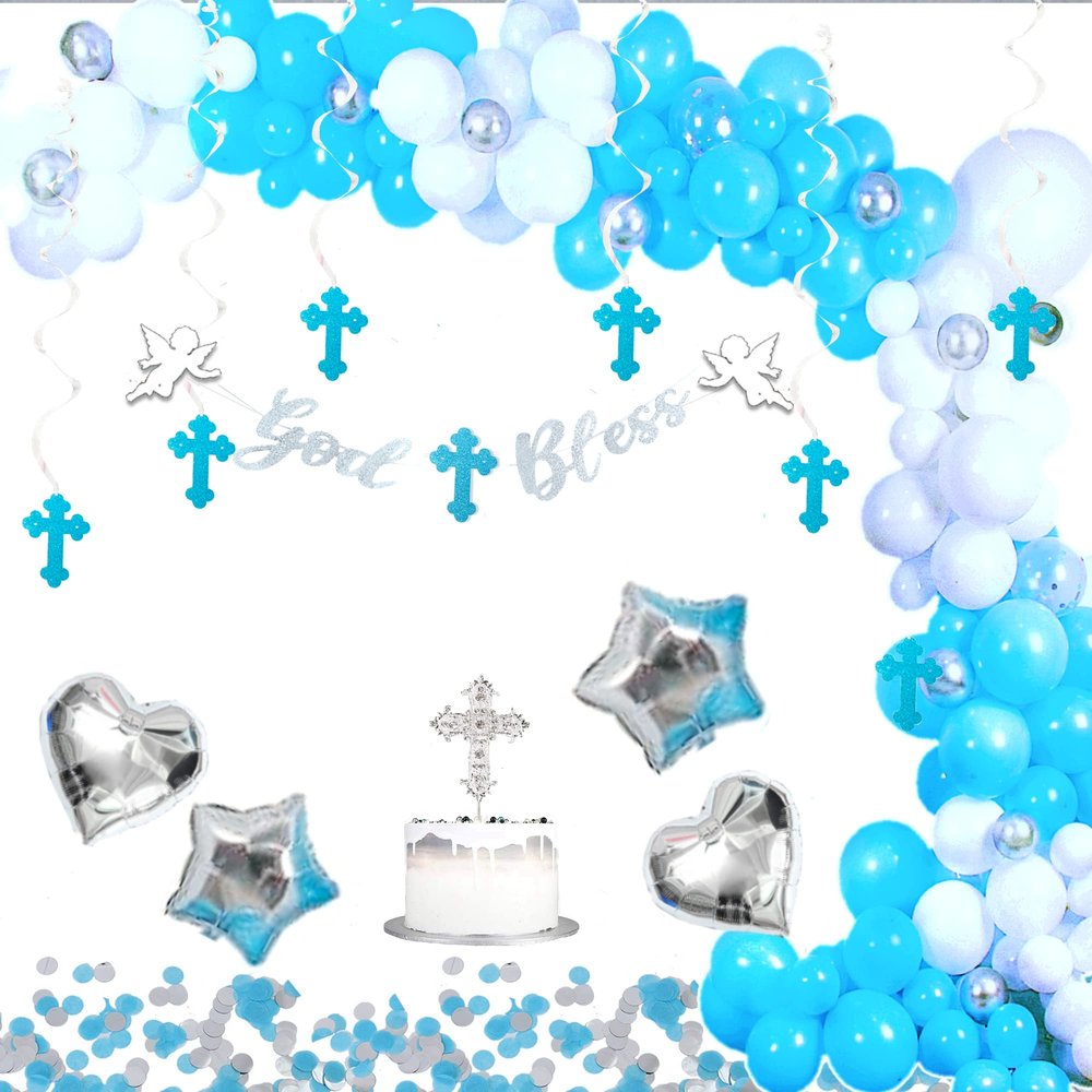 Elkanah Baptism, Christening, Communion Decorations: White & Silver God Bless Banner, Cross Cake Topper, Balloons, Angels, Arch Strip & More