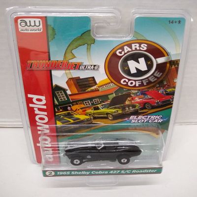 Auto World SC360-2 Cars N Coffee 1965 Shelby Cobra 427 S/C Roadster HO Scale Electric Slot Car - Black with Silver Stripes