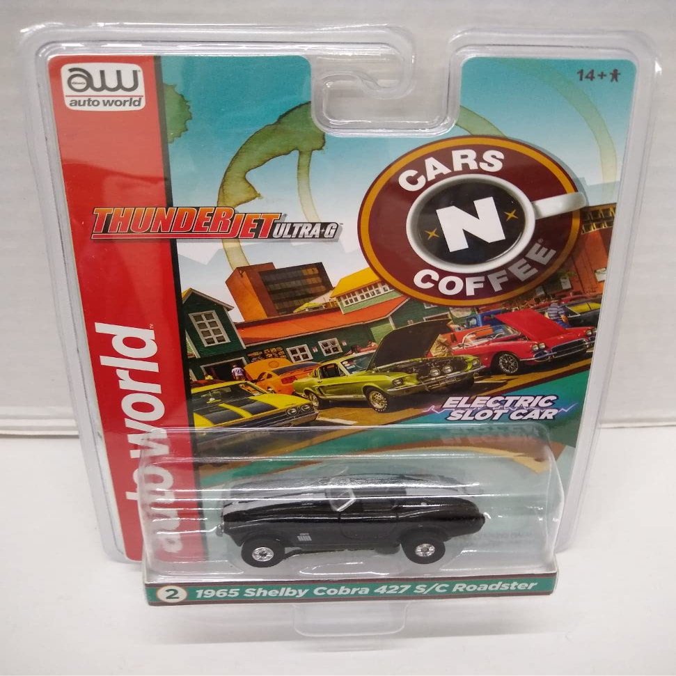 Auto World SC360-2 Cars N Coffee 1965 Shelby Cobra 427 S/C Roadster HO Scale Electric Slot Car - Black with Silver Stripes