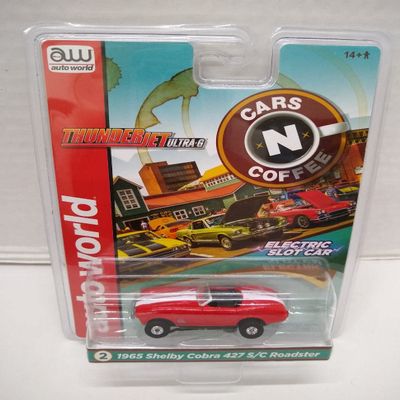Auto World SC360-2 Cars N Coffee 1965 Shelby Cobra 427 S/C Roadster HO Scale Electric Slot Car - Red with White Stripes