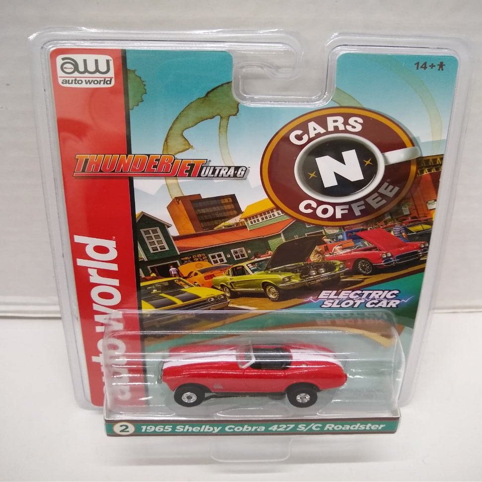 Auto World SC360-2 Cars N Coffee 1965 Shelby Cobra 427 S/C Roadster HO Scale Electric Slot Car - Red with White Stripes