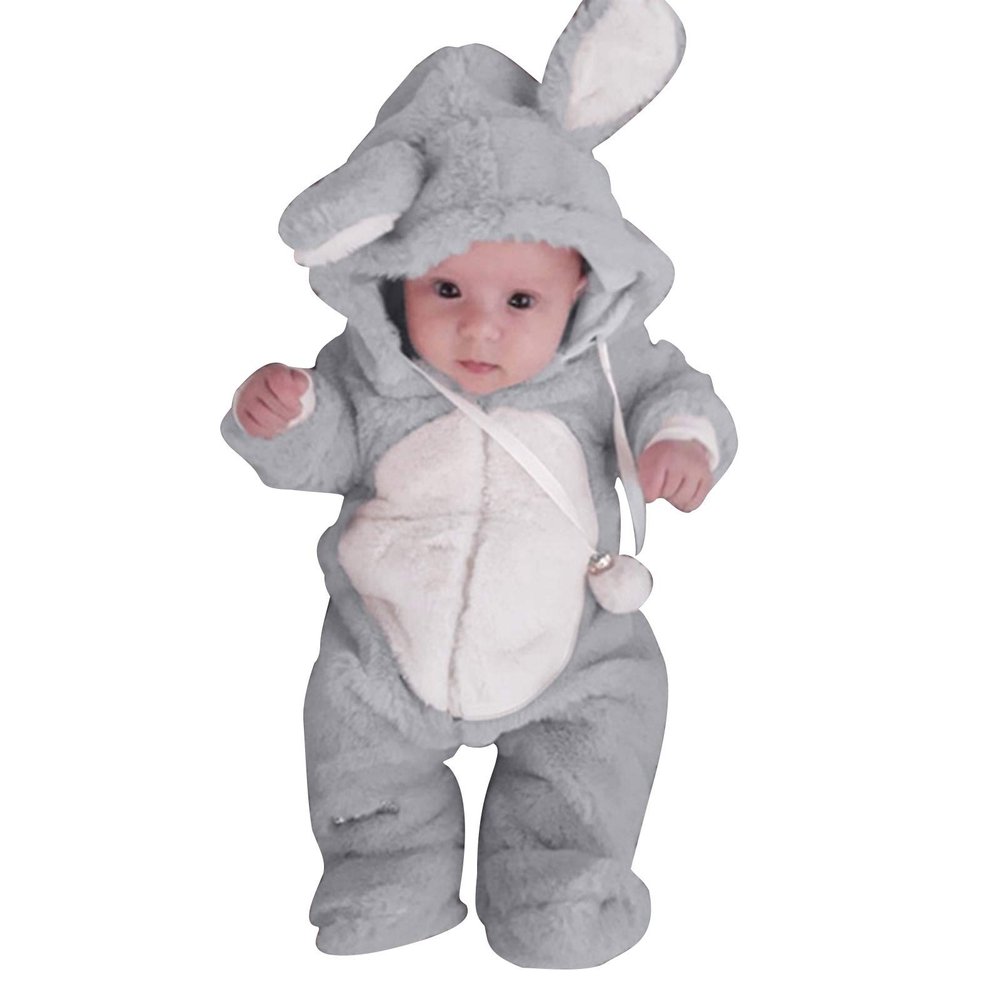 Ikevan 0-2 Years Toddler Boys Girls Winter Cute Ear Fleece Jumpsuit Romper Easter Winter Cartoon Animal Bunny Costume (Gray, 0-6 Months)