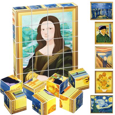 PicassoTiles 20pcs 1 Magnetic Puzzle Building Cubes Blocks for Kids, Van Gogh, Mona Lisa Hand Puzzle, STEM Magnet Toy Mix&Match Educational Popular Art Kids Toys 3+ Year Old boy Girl PMC20