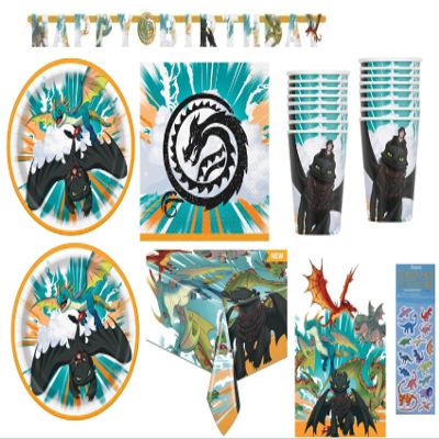 How to Train Your Dragon Birthday Party Supplies Decoration Bundle includes 16 Lunch Plates, 16 Napkins, 16 Cups, 1 Table Cover, 1 Happy Birthday Banner, 1 Dinosaur Sticker Sheet - Bundle for 16