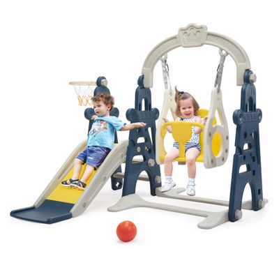 3-in-1 Kids Slide for Toddlers Age 1-3 Slide and Swing Set,Indoor Playground for Children,Freestanding Outdoor Slides with Basketball Hoop,Outside Climber Playhouses,Baby Climbing Toys Blue