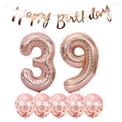 39th Birthday Decoration Happy Birthday Banner 39 Years Old Party Supplies Helium Balloons Number 39 Latex Foil Rose Gold Birthday Party Decoration