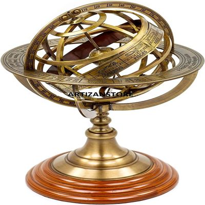 Antique Vintage Zodiac Armillary Brass Sphere Globe Wooden Display | Pirate's Antique Ship Decor