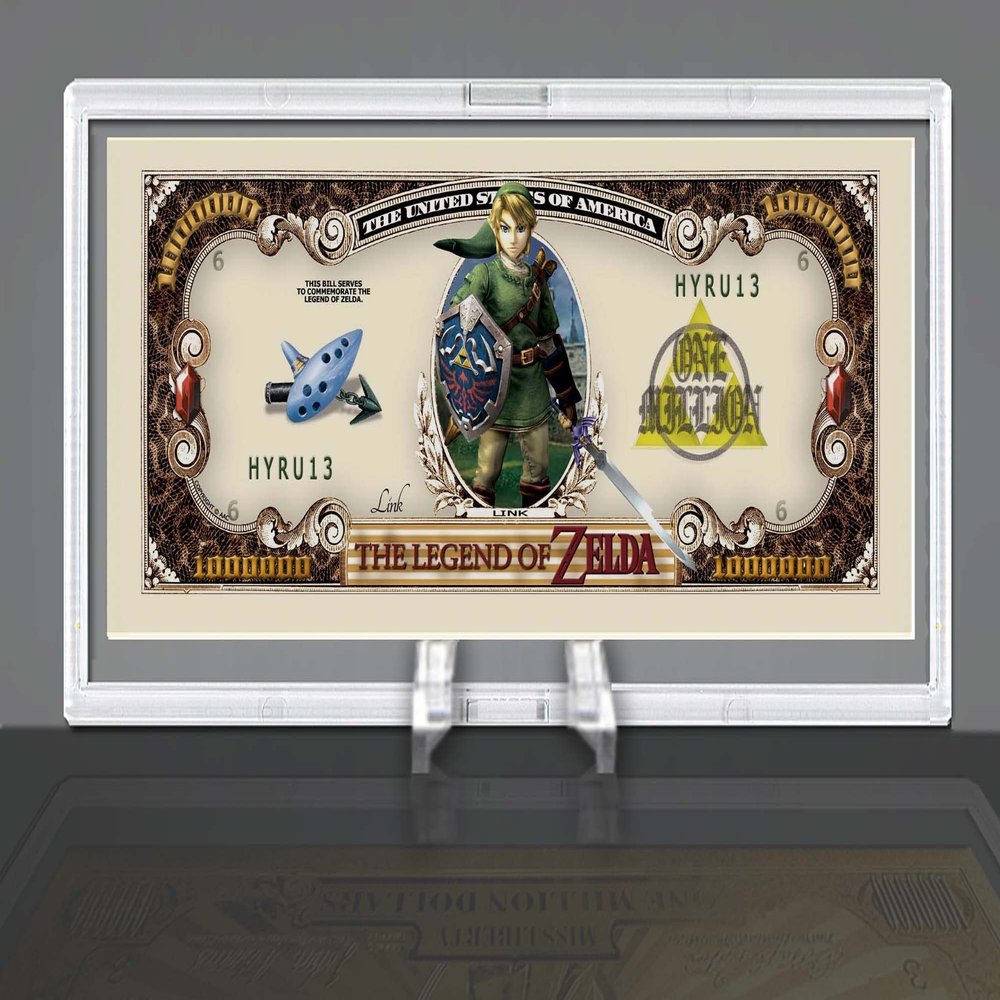 Legend of Zelda Million Dollar Limited Edition Collectible Dollar Bill in Desktop Currency Display Stand - Desk Top Accessory Gift. Not Real Currency - for Collectible Purposes Only