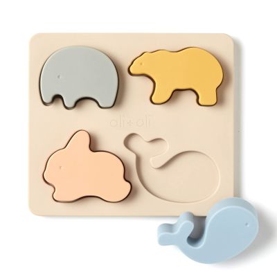 Ali+Oli Silicone Animal Puzzle 4-Piece Montessori Shape Sorter Toy for Toddlers, Boys & Girls Soft Neutral Colors, Educational Sensory Toy