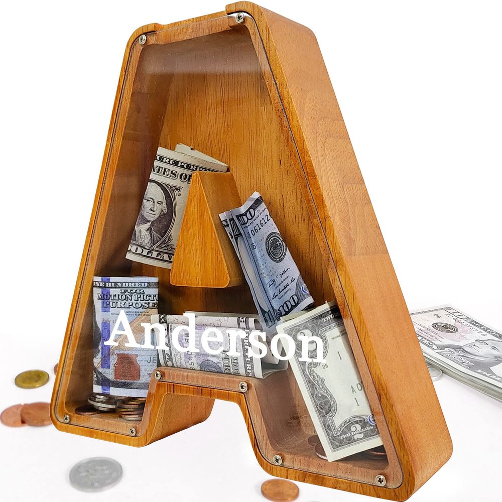 Custom Wooden Piggy Bank, (Laser Engraved Name) Large Wood Bank, 4-in-1 Creative Alphabet Storage Tank Personalized Letters Coin Bank Customized Wood Toy DIY Name Letter Decor Kids Money Bank(A)
