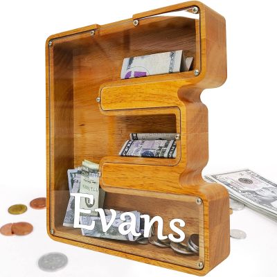 Custom Wooden Piggy Bank, (Laser Engraved Name) Large Wood Bank, 4-in-1 Creative Alphabet Storage Tank Personalized Letters Coin Bank Customized Wood Toy Letter Decor Kids Money Bank (Letter-E)