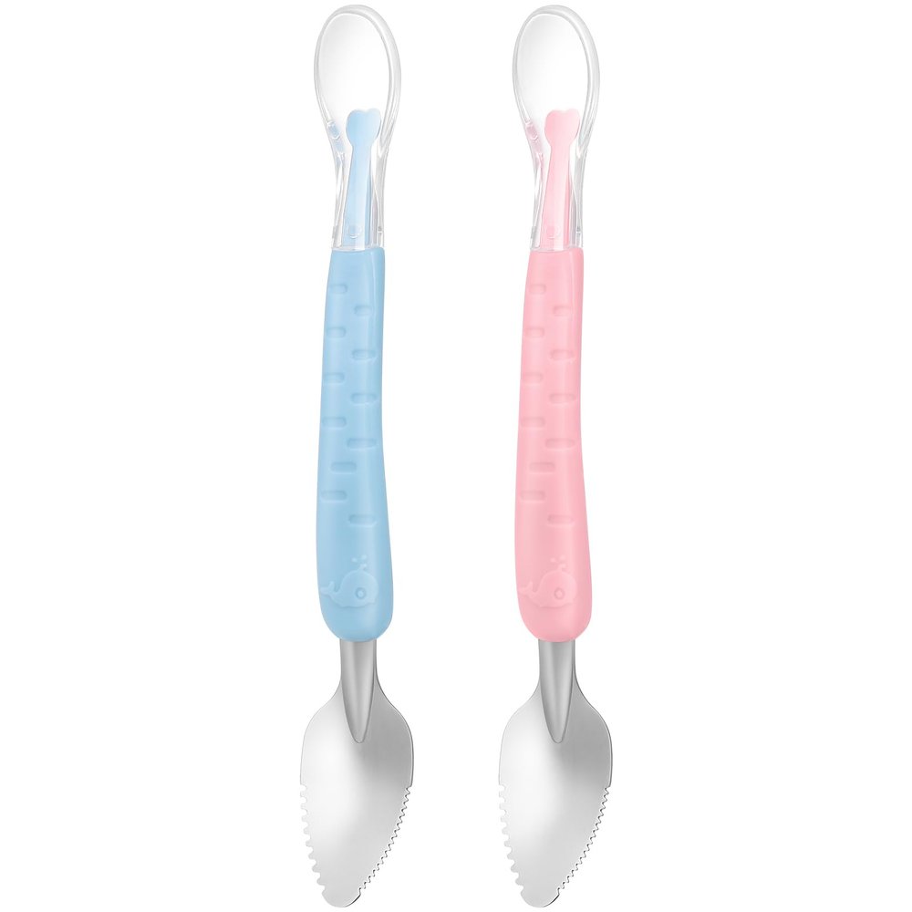Hemoton Double-Headed Baby Food Scraper Spoon 2-in-1 Silicone Fruit Puree Feeding Utensil Soft Scraping Spoon for Infant Feeding and Weaning 8.7 Inch
