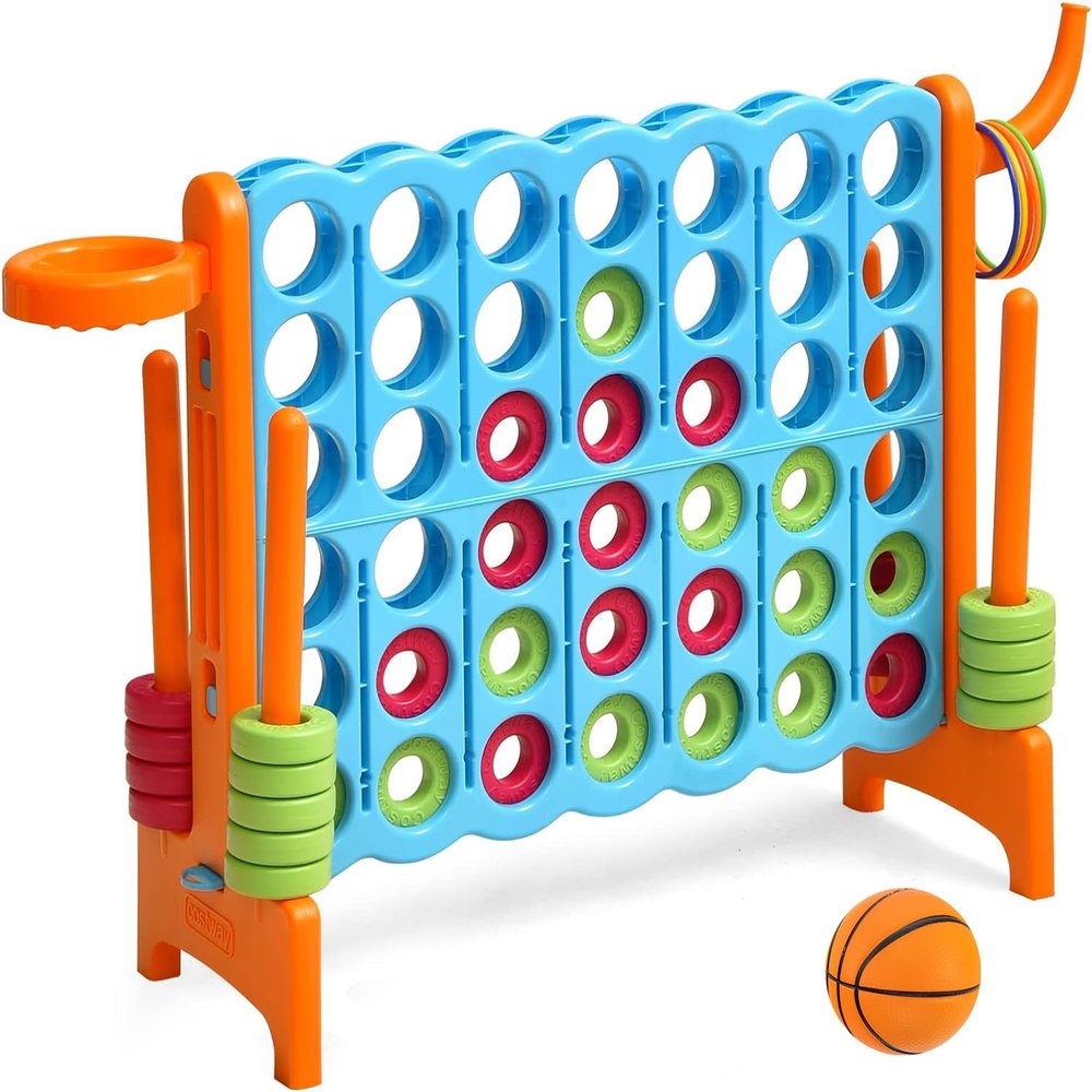 DORTALA Jumbo 4-to-Score Giant Game Set, Plastic Giant 4-in-A-Row w/Basketball Hoop, 42 Jumbo Rings, Release Slider, Ring Toss, 2.5Ft Indoor Outdoor Game Set for Kids & Adults (Turquoise)