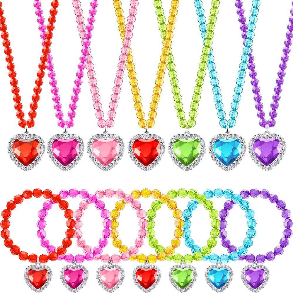 Sureio 7 Sets Girl Dress up Jewelry Toddler Princess Bracelet Necklaces Kids Valentine's Day Costume Jewelry Set for Girl Tea Costume Party(Heart Pendant)