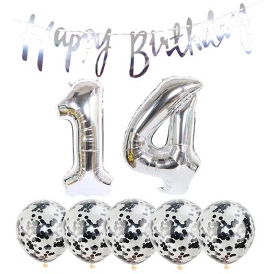 14th Birthday Decoration Happy Birthday Banner Balloons 14 Years Old Birthday Party Supplies Helium Balloons Number 14 Balloons Latex Balloon Foil Balloon, 14th silver Birthday Party Decoration
