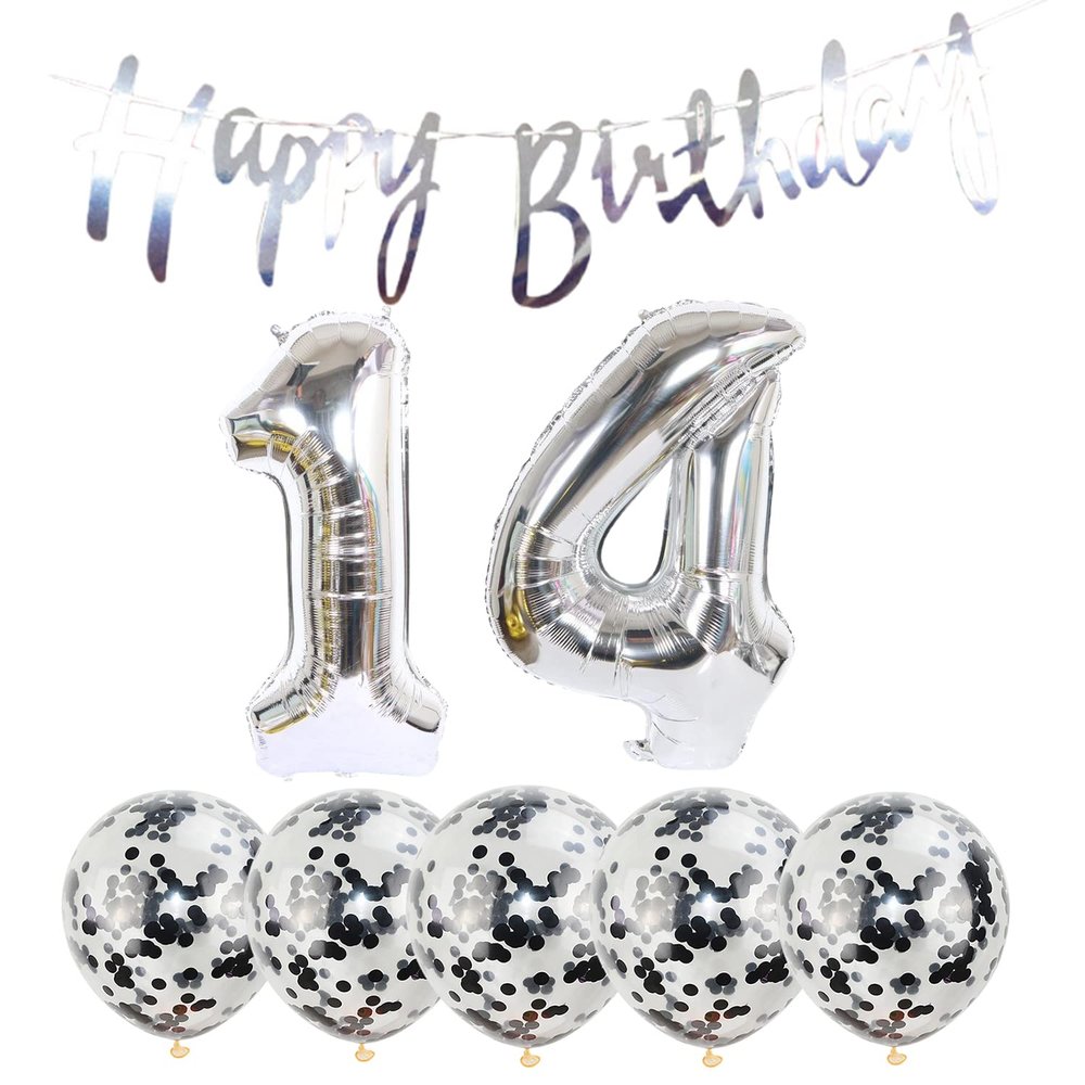 14th Birthday Decoration Happy Birthday Banner Balloons 14 Years Old Birthday Party Supplies Helium Balloons Number 14 Balloons Latex Balloon Foil Balloon, 14th silver Birthday Party Decoration