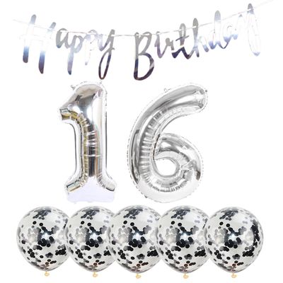 16th Birthday Decoration Happy Birthday Banner Balloons 16 Years Old Birthday Party Supplies Helium Balloons Number 16 Balloons Latex Balloon Foil Balloon, 16th Silver Birthday Party Decoration