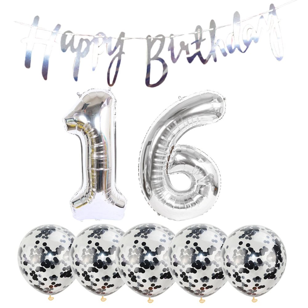 16th Birthday Decoration Happy Birthday Banner Balloons 16 Years Old Birthday Party Supplies Helium Balloons Number 16 Balloons Latex Balloon Foil Balloon, 16th Silver Birthday Party Decoration