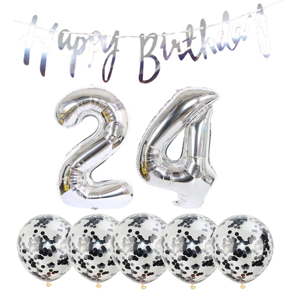 24th Birthday Decoration Happy Birthday Banner Balloons 24 Years Old Birthday Party Supplies Helium Balloons Number 24 Balloons Latex Balloon Foil Balloon, 24th Silver Birthday Party Decoration