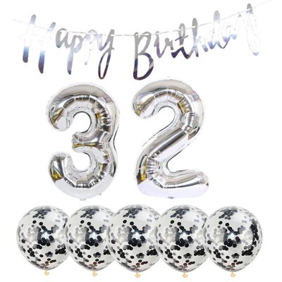 32th Birthday Decoration Happy Birthday Banner Balloons 32 Years Old Birthday Party Supplies Helium Balloons Number 32 Balloons Latex Balloon Foil Balloon, 32th Silver Birthday Party Decoration