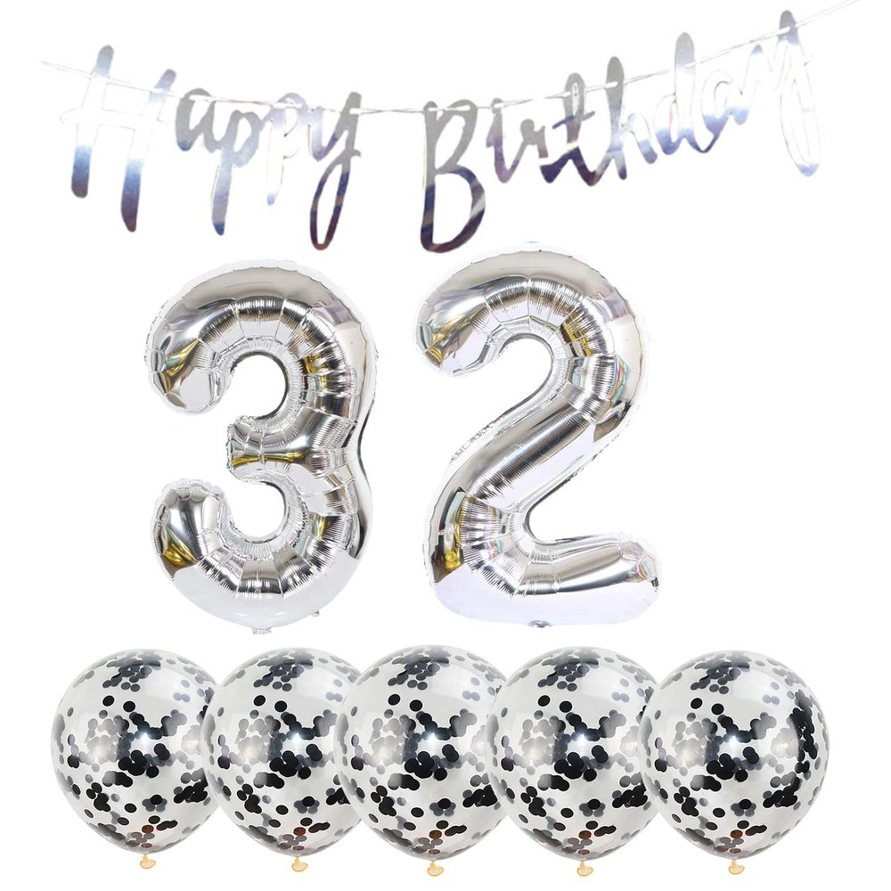 32th Birthday Decoration Happy Birthday Banner Balloons 32 Years Old Birthday Party Supplies Helium Balloons Number 32 Balloons Latex Balloon Foil Balloon, 32th Silver Birthday Party Decoration