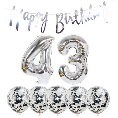 Chaungfu 43th Birthday Decoration Happy Banner Balloons 43 Years Old Party Supplies Helium Number Latex Balloon Foil Balloon, Silver