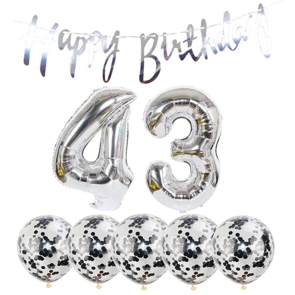 Chaungfu 43th Birthday Decoration Happy Banner Balloons 43 Years Old Party Supplies Helium Number Latex Balloon Foil Balloon, Silver