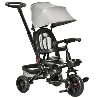 Qaba Kids Tricycle, 4 in 1 Foldable Trike with Reversible Seat, Adjustable Parent Handle, Safety Harness, Wheel Brakes, Removable Canopy, Storage, Tricycle for Toddlers 1-5 Years, Gray