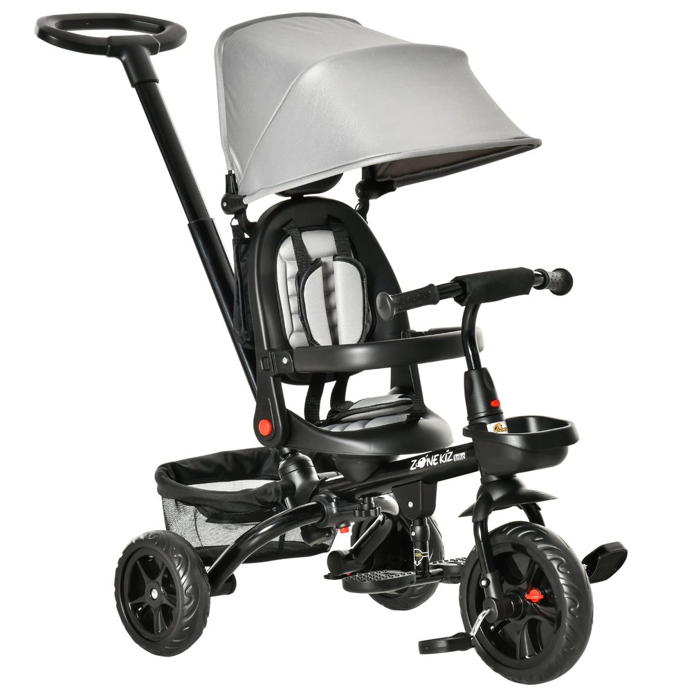 Qaba Kids Tricycle, 4 in 1 Foldable Trike with Reversible Seat, Adjustable Parent Handle, Safety Harness, Wheel Brakes, Removable Canopy, Storage, Tricycle for Toddlers 1-5 Years, Gray
