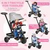 Qaba Kids Tricycle, 4 in 1 Foldable Trike with Reversible Seat, Adjustable Parent Handle, Safety Harness, Wheel Brakes, Removable Canopy, Storage, Tricycle for Toddlers 1-5 Years, Gray view 3