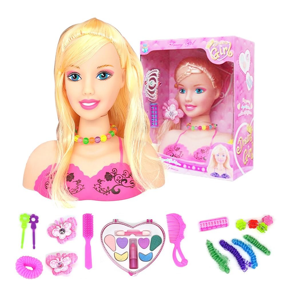 Maedack Makeup Pretend Playset for Girls - 17Pcs Hairdressing Styling Head Doll Makeup Toy Educational Toy Gift -A