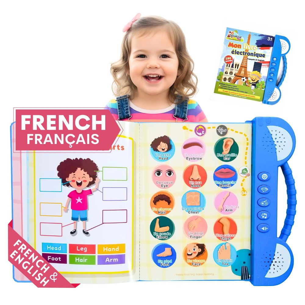 ZeenKind French English Talking Learning Book for Kids 2 3 4 5 6 Years Old, Learn French Interactive Audio Sound Books for Toddlers, Francais Educational Electronic Toys, Bilingual Musical Toy