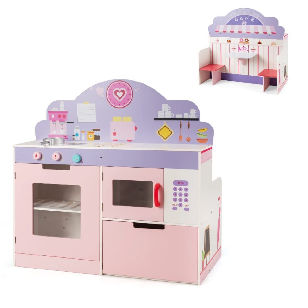 MAT EXPERT Kids Kitchen Playset with Caf, 2 in 1 Double-Sided Children Pretend Chef Kitchen Set, Toddler Play Kitchen w/Microwave, Oven, Stove, 2 Seat Caf, Kitchen Toy Set Gift for Age 3+ Boy & Girl