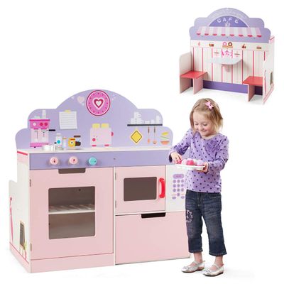 GLACER 2-in-1 Kids Kitchen Playset, Double-Sided Wooden Pretend Cooking Food Set w/Stove, Oven, Microwave, Storage Cabinet, Simulation Play Kitchen Set for Toddlers (Pink)