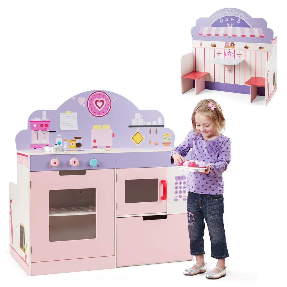 GLACER 2-in-1 Kids Kitchen Playset, Double-Sided Wooden Pretend Cooking Food Set w/Stove, Oven, Microwave, Storage Cabinet, Simulation Play Kitchen Set for Toddlers (Pink)