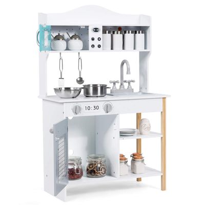 ARLIME Kids Kitchen Playset, Wooden Toy Toddler Kitchen w/ Simulated Sound, Accessory Utensils, Blackboard, Sink, Stovetop, Cabinets, Pretend Play Kitchen for Boys Girls