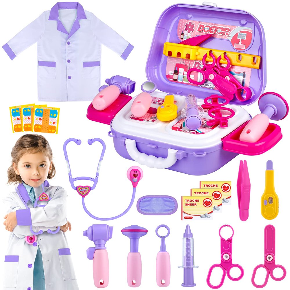 GIFTINBOX Kids Doctor Kit for Girls and Boys , Purple Doctors kit for Kids 22 Pieces Pretend Play Medical Toys Set with Roleplay Doctor Costume and Carry Bag for Little Girls-B