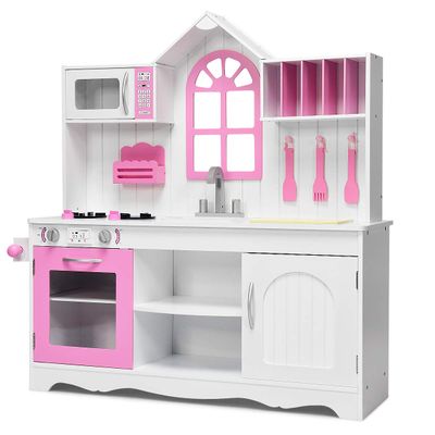 GLACER Kids Kitchen Playset, Pretend Cooking Food Set w/Simulated Sound, Sink, Stove, Refrigerator, Oven, Washing Machine, Wooden Play Kitchen for Toddlers, Gift for Boys Girls (Pink)