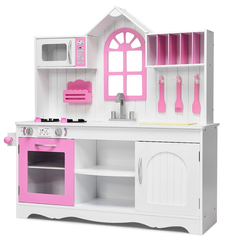 GLACER Kids Kitchen Playset, Pretend Cooking Food Set w/Simulated Sound, Sink, Stove, Refrigerator, Oven, Washing Machine, Wooden Play Kitchen for Toddlers, Gift for Boys Girls (Pink)
