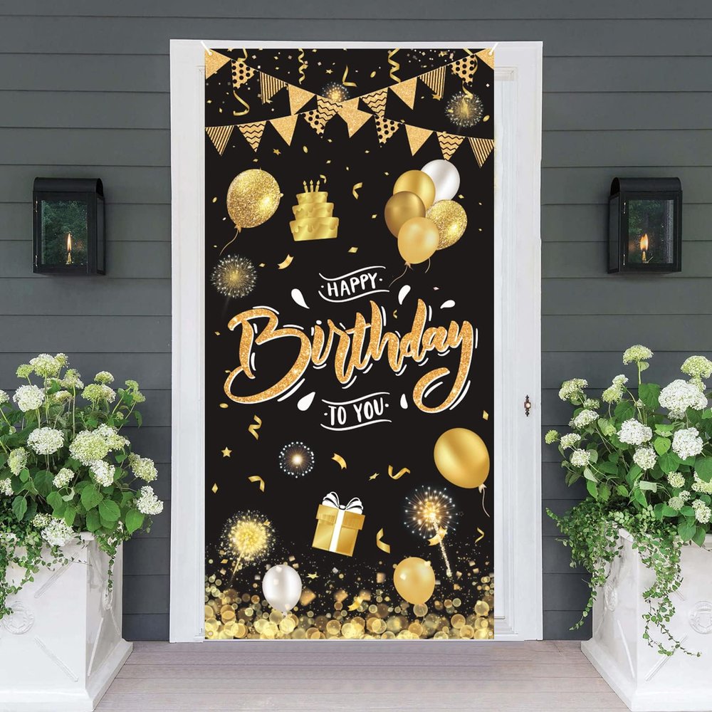 Black Gold Happy Birthday Door Banner,Birthday Door Cover Decoration Supplies Happy Birthday Backdrop Photography Background Sign For Women And Girls Birthday Party Home Outdoor Decor