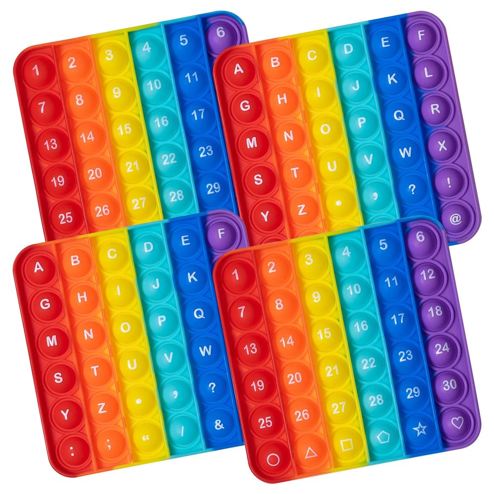 Push Pop Bubble Fidget Sensory Toy, 4-Pack, Square, 5 x 5 Inches, Rainbow, Numbers and Alphabets, Party Favors